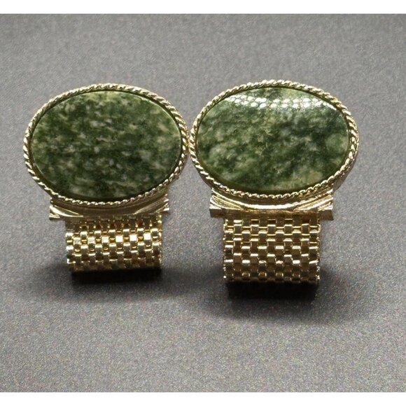 SWANK VINTAGE GREEN JADE CUFFLINKS MESH WRAPAROUND GOLD TONE - Picture 6 of 7